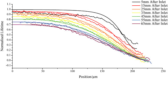 Simulated and experimental lifetme profiles across the channel