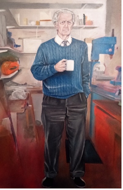 Painting of Ron Mitchell standing in his workshop holding a mug
