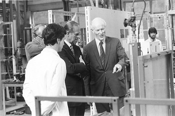 John Davidson with Duke of Edinburgh in the unit operations lab of the department in 1983