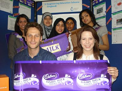Teacher Doug Fielding-Smith and Cadbury's Dr Rachel Cooke with Year 12 students on the Engineering Education Scheme.