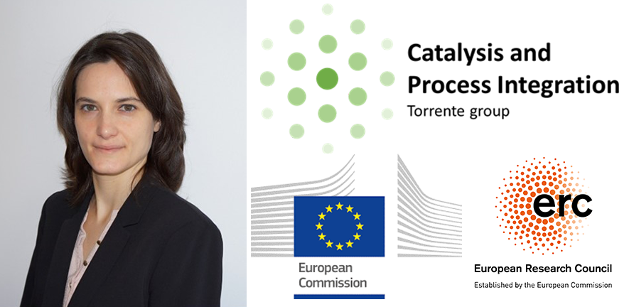 Profile photo of Laura Torrente next to the logos for the Catalysis and Process Integration group, the European Commission and the European Research Council