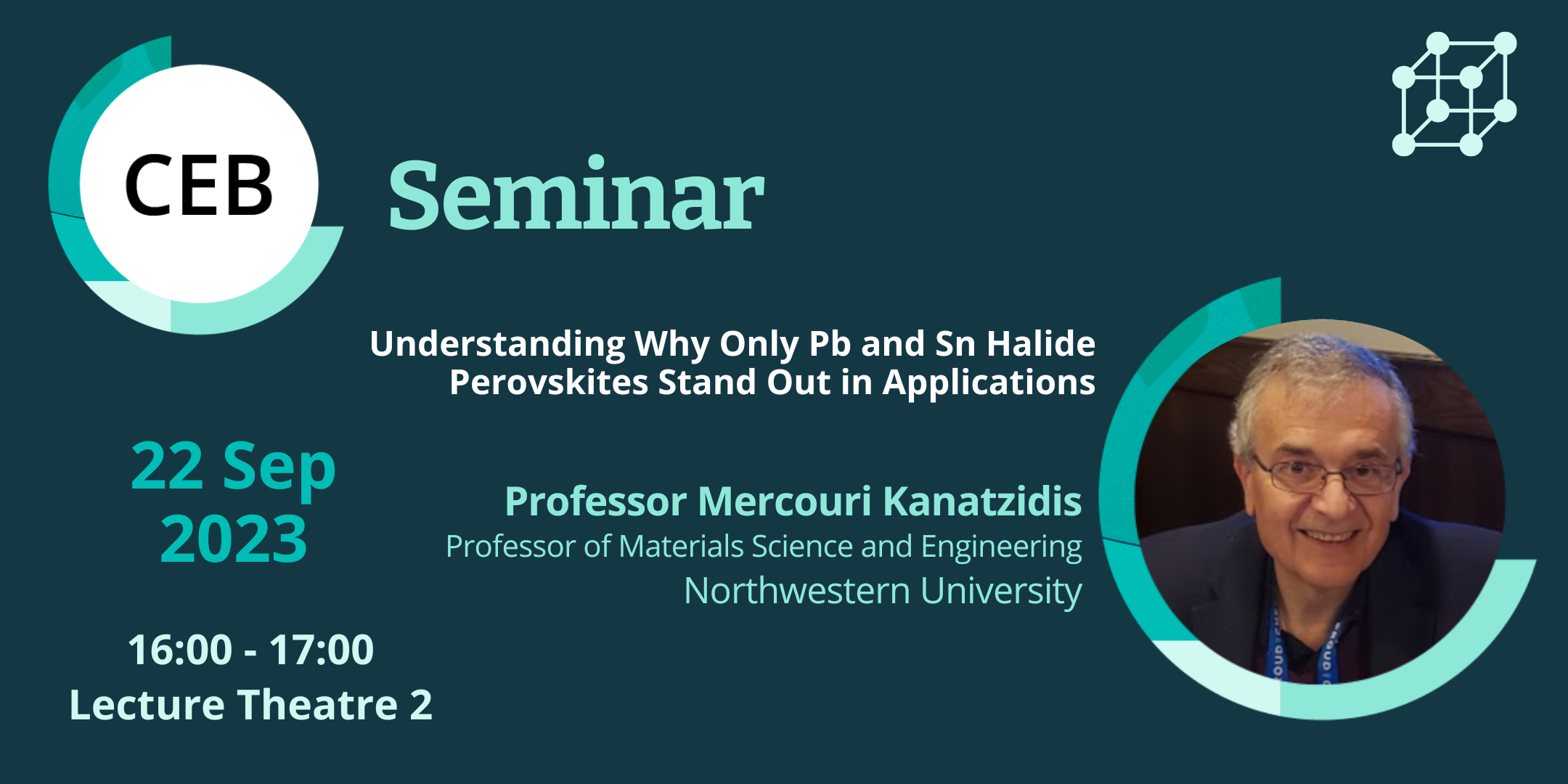 A poster showing the presenter and location details