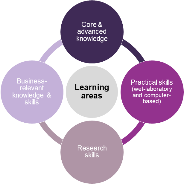 A graphic showing the four key learning areas of the course: core and advanced knowledge, business-relevant knowledge and skills, practical skills (wet laboratory and computer-based), research skills