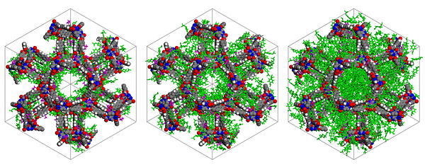 Snapshots of ibuprofen (green molecules) in BioMOF-100 at different uptakes
