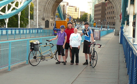 Amanda, Ben, Vanessa and Bart on Tower Bridge at 5.45am.  Vanessa and her husband, Stuart, were at the start line to see the cyclists off and wish them well.