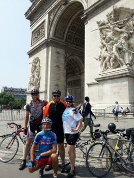 Bart, Ben and Amanda at the Arc de Triomphe with the fourth member of the team, Chris Hopkins,  who cycled and drove the support vehicle