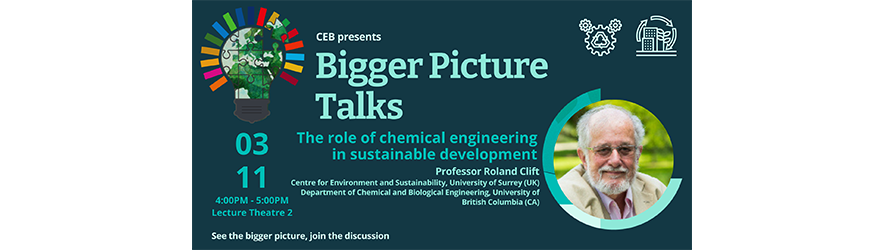 Bigger Picture Talk poster with image of Roland Clift and sustainability and process engineering icons
