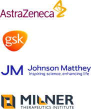 Industry champion logos: AstraZeneca, GSK, Johnson Matthey and The Milner Therapeutics Institute