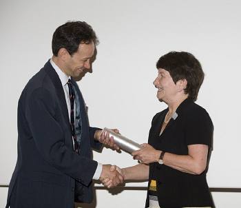 Dr Patrick Barrie receiving his Pilkington Prize from the Vice Chancellor Professor Alison Richard, 2008 Photo by Mike Cameron