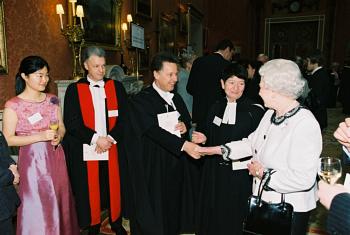 Professors Chris Lowe and Ian White being introduced to Her Majesty Queen Elizabeth by the Vice Chancellor, Professor Alison Richard. Postgraduate student, Xiaohan Pan, looks on.