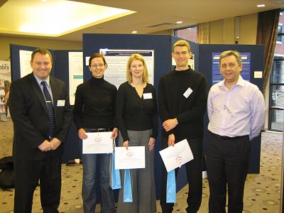 Pictured left to right: Steve Jones of Chiron Vaccines, poster prize winners Heidi Salte of UCL, Melanie Oates of Liverpool University, and Simon Hanslip of Cambridge University together with Malcolm Rhodes of bioProcessUK