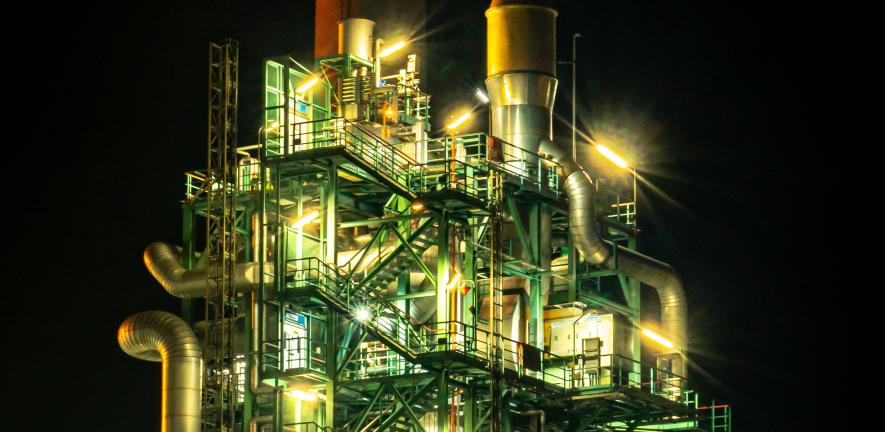Chemical production plant in Germany illuminated at night
