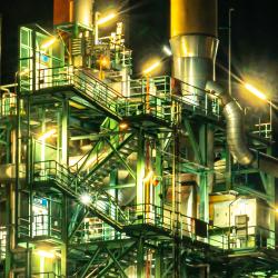 Chemical production plant in Germany illuminated at night