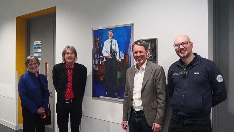 Pamela and David Mitchell with Clemens Kaminski and Josh Easy in CEB Lab corridor.