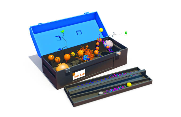 A 3D rendering of a toolbox with representations of nanomolecules inside.
