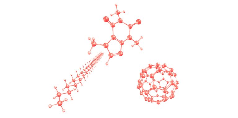 A 3d render of molecules designed by the Fruk Lab