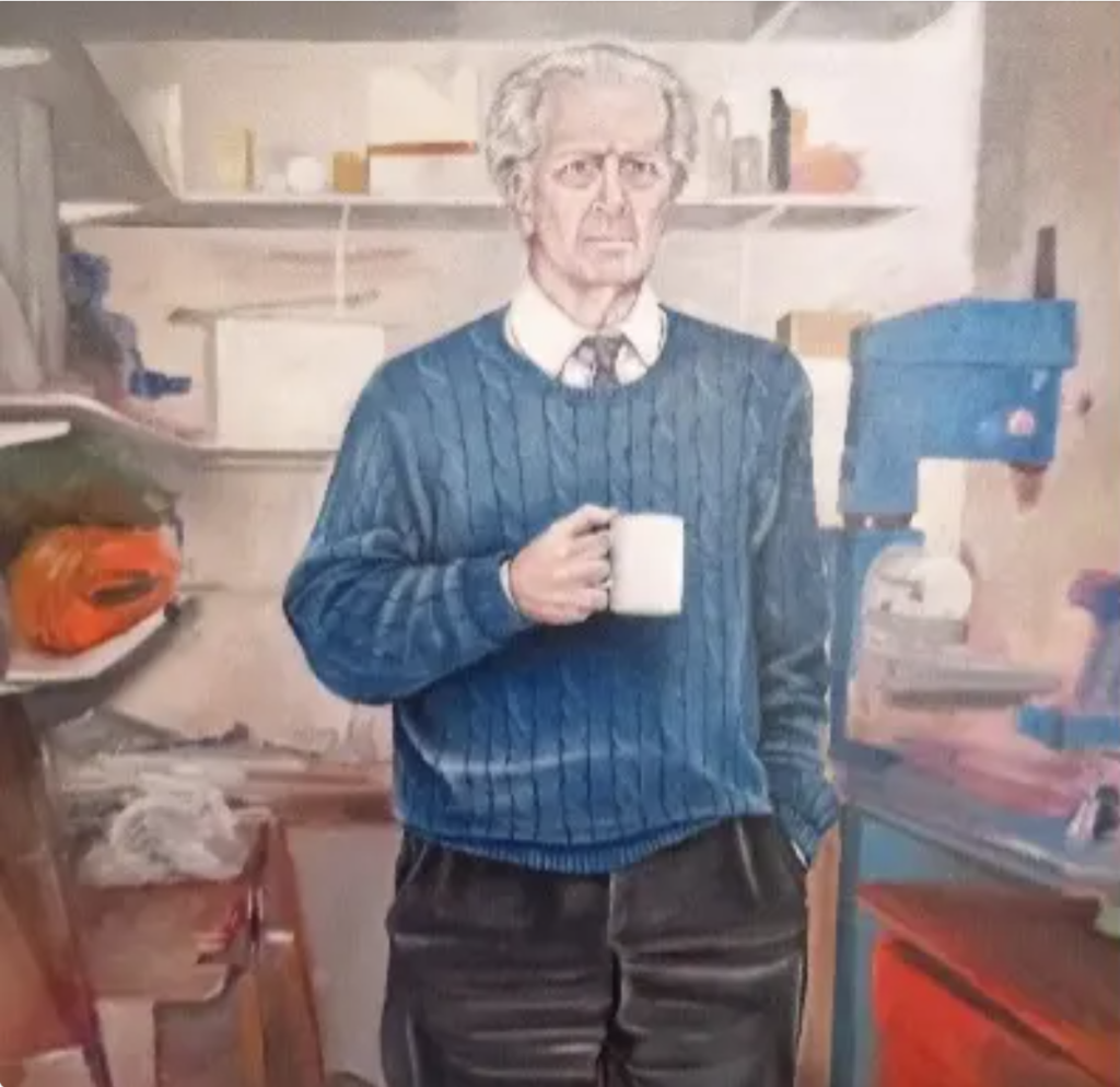 Painting of man with a cup of tea in a blue jumper in a workshop setting.