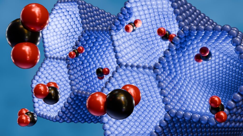 3d rendering of structure Mg-MOF-74 and scattered CO2 molecules - stock photo.