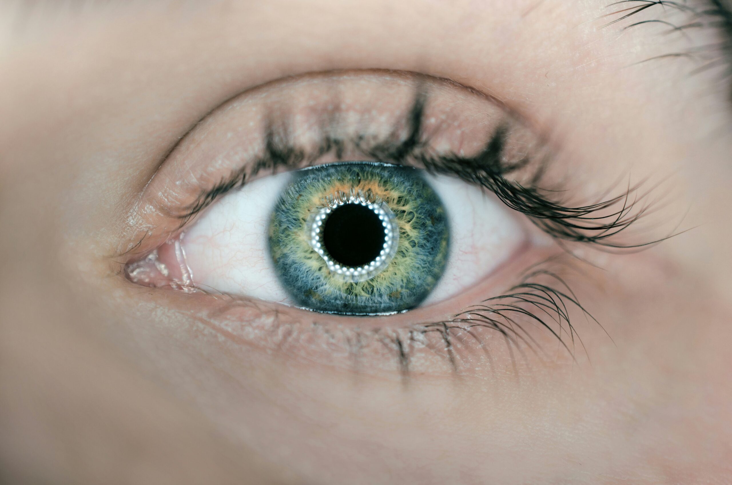 An extreme close up of a well-lit human eye